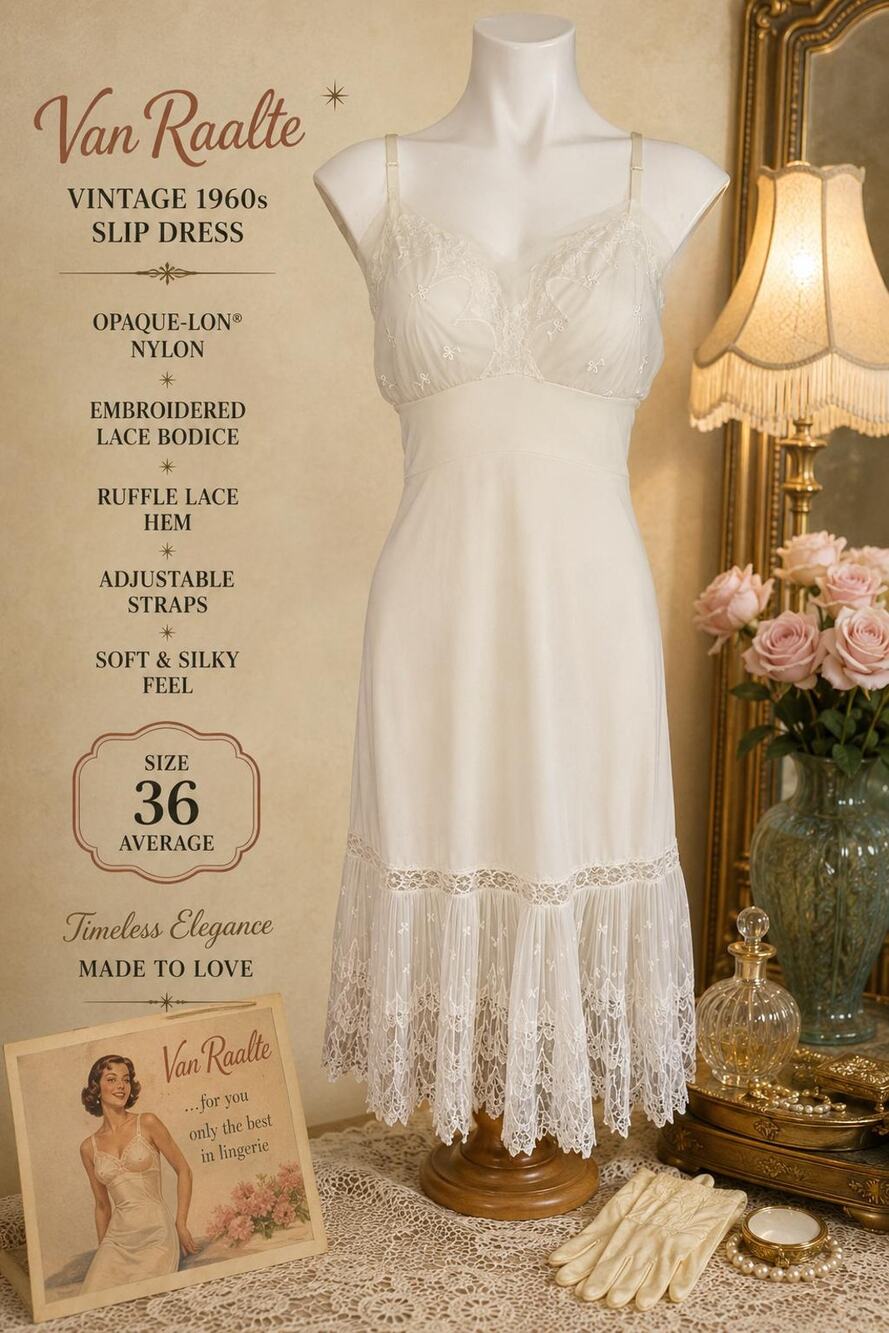 Van Raalte Vintage Ivory Nylon Slip Dress Embroidered Lace Ruffle Hem 60’s Sz 36